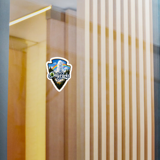 Sticker with 'Only Parks' logo on a window
