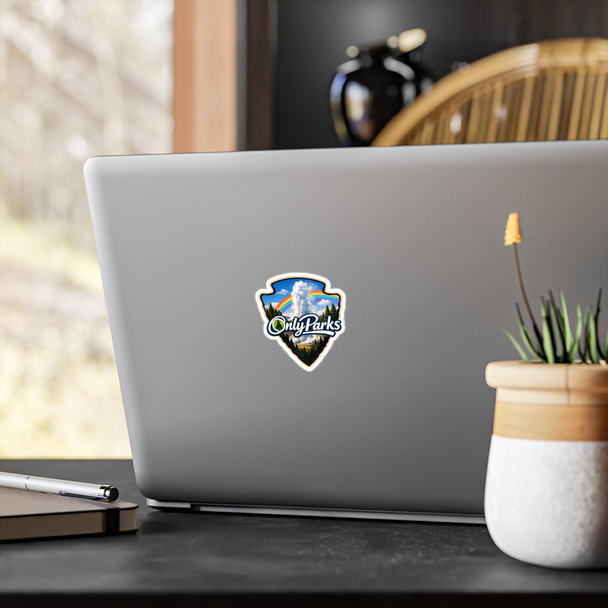 Laptop with a sticker on a desk with a plant and pen