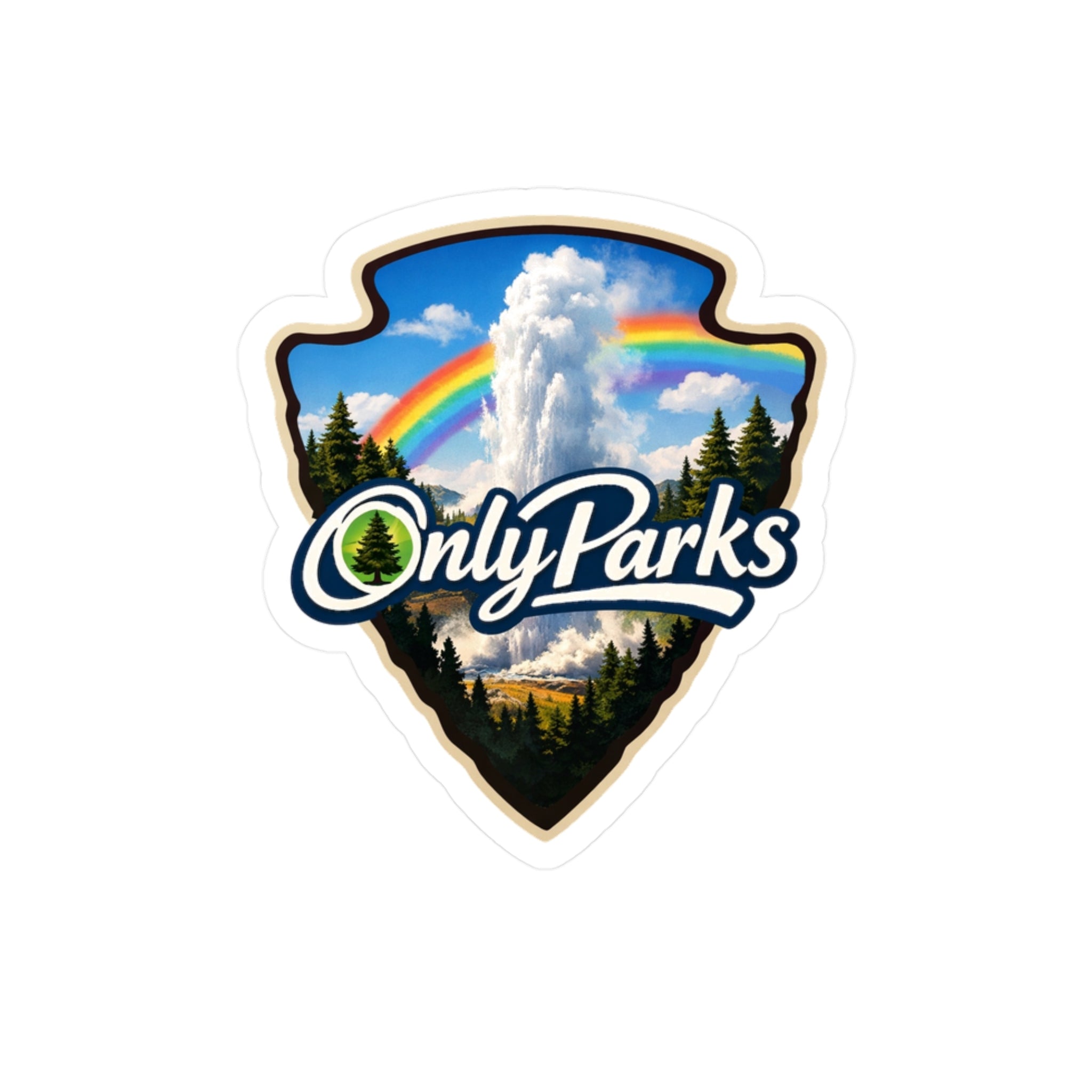 Logo of 'Only Parks' with a mountain, rainbow, and trees on a white background